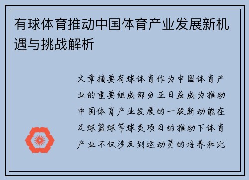 有球体育推动中国体育产业发展新机遇与挑战解析